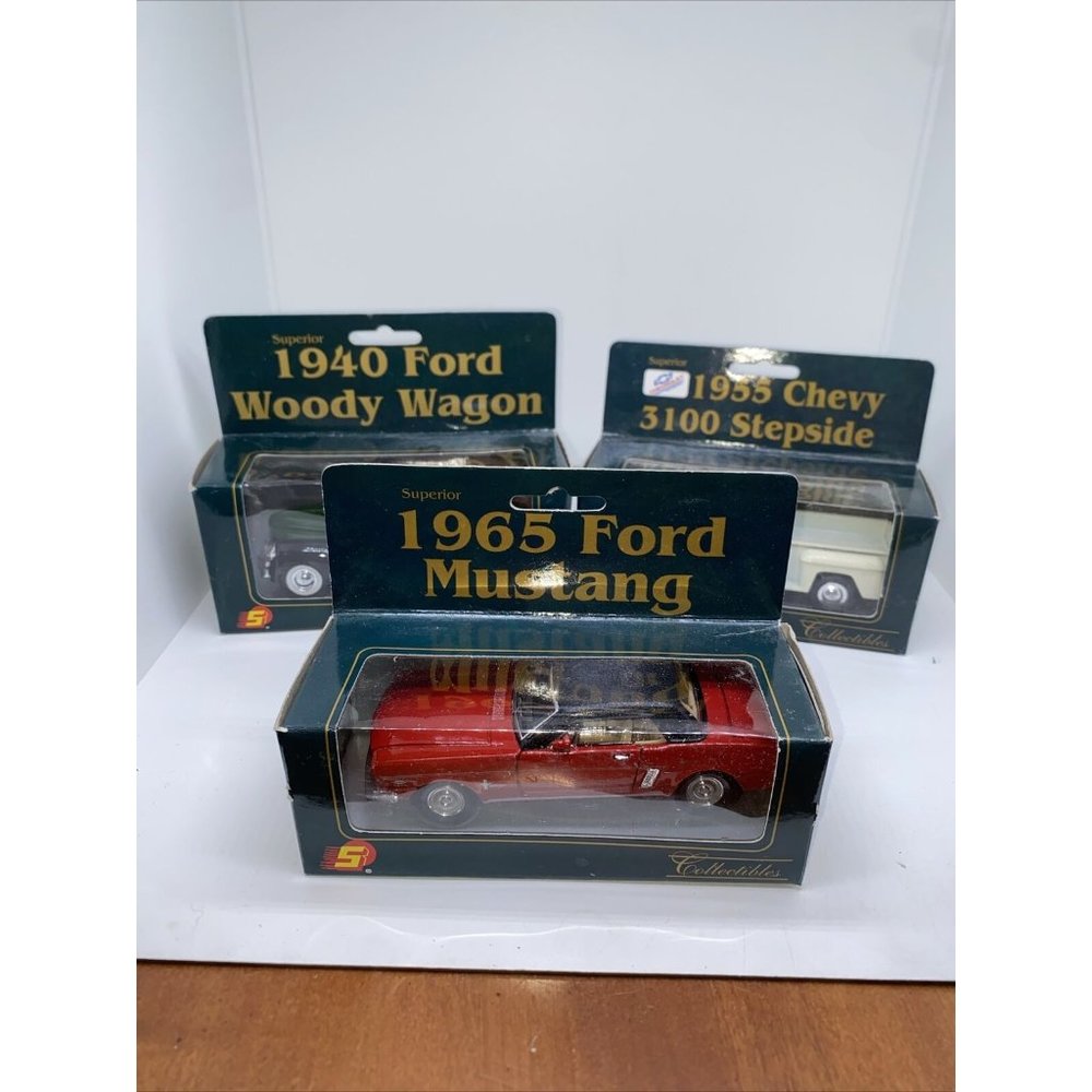Superior Die Cast Set of 3 1940 Ford Woody/1955 Chevy 3100/1965 Mustang READ